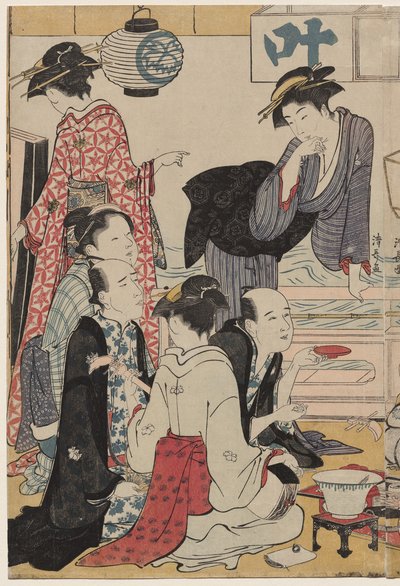 Vermaak op een Balkon bij het Water in Nakasu, uit de serie, Een Verzameling van Mooie Moderne Vrouwen uit de Plezierwijken door Torii Kiyonaga