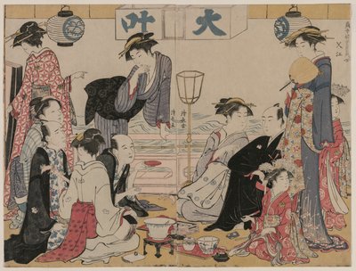 Vermaak op een balkon aan het water in Nakasu, uit de serie, Een verzameling mooie moderne vrouwen uit de plezierwijken door Torii Kiyonaga