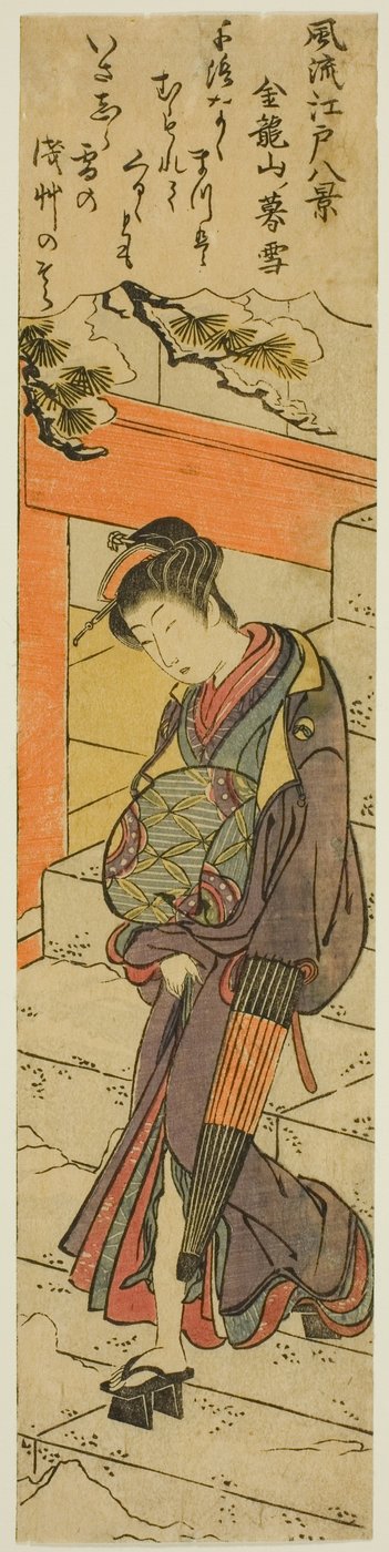 Avondsneeuw bij de Kinryuzan-tempel (Kinryuzan no bosetsu), uit de serie "Acht modieuze uitzichten van Edo (Furyu Edo hakkei)" door Torii Kiyonaga