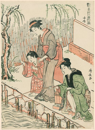 Vissen, uit de serie "Een set van tien schoonheden in bloemachtige stijlen (Enshoku hana fuzoku ju awase)" door Torii Kiyonaga