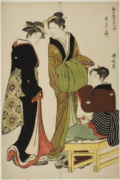 Bloemen van het Doteshita-district (Dotebana), uit de serie "Een verzameling hedendaagse schoonheden van de plezierwijken (Tosei yuri bijin awase)" door Torii Kiyonaga