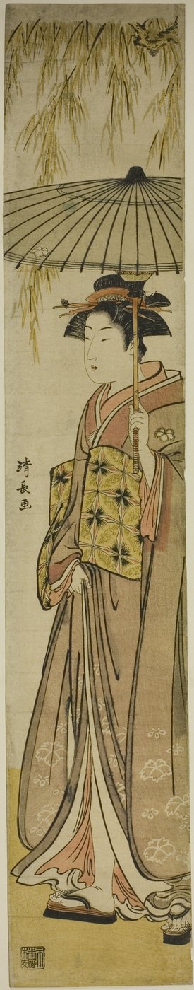 Geisha met een parasol onder een wilgenboom door Torii Kiyonaga