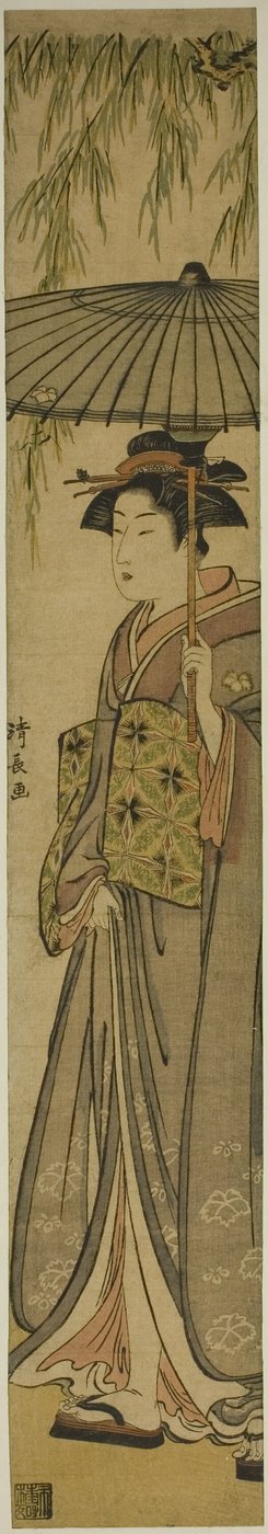 Geisha met parasol onder een wilg door Torii Kiyonaga