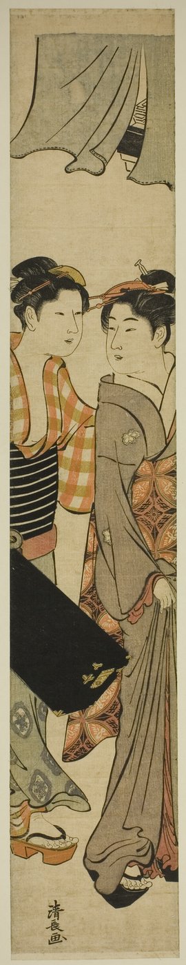 Geisha en haar dienstmeid die een shamisen-doos dragen door Torii Kiyonaga