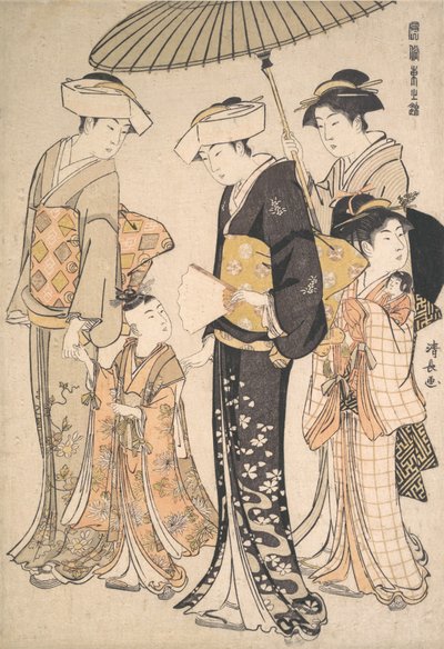 Hooggeplaatste samoeraimeisje met vier bedienden, uit de serie Een Brokaat van Oosterse M..., ca. 1784 door Torii Kiyonaga