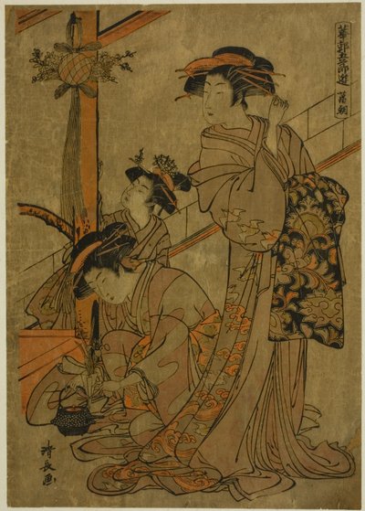 Ochtend van Iris, uit de serie "Vijf Festivals in de Plezierwijken (Hanakuruwa gosechi no asobi)" door Torii Kiyonaga