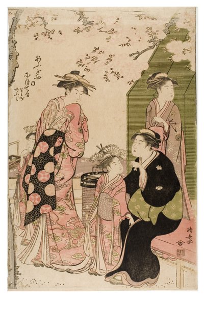 Nioteru van het Ogiya bordeel uit de serie Courtisanes die kersenbloesems bekijken door Torii Kiyonaga