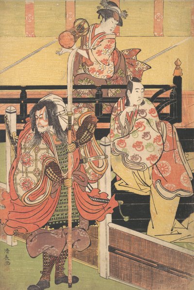 Op een balkon zit een vrouw die een tsuzumi speelt, beneden een man in daimyo-kostuum, ca. 1790 door Torii Kiyonaga