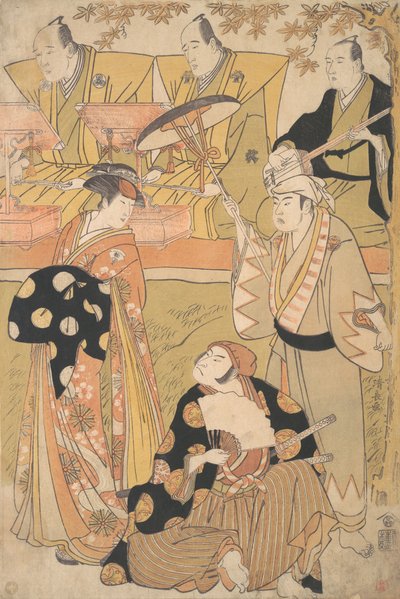 Onoe Matsusuke I als een Oiran staat links, pratend met Nakamura Nakazo I als een Sam... door Torii Kiyonaga