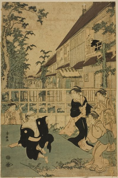Buitenvermaak bij het Kankanro-theehuis in Yoshiwara door Torii Kiyonaga