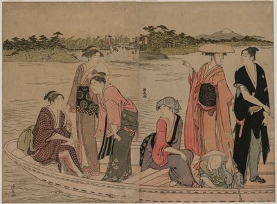 Passagiers in een Veerboot op de Sumida-rivier door Torii Kiyonaga