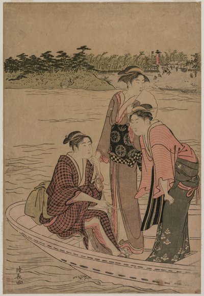 Passagiers in een Veerboot op de Sumida-rivier door Torii Kiyonaga