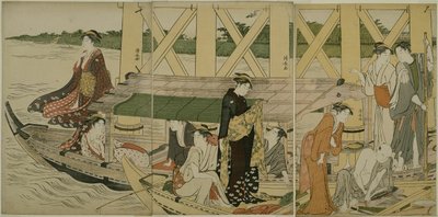 Pleziervaartuigen onder de Azuma-brug door Torii Kiyonaga