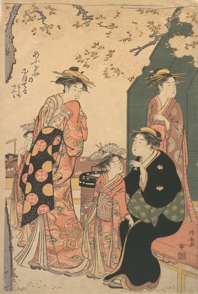 Portret van de courtisane Nioteru van de Ogiya, met haar twee bedienden Namiji en Ao door Torii Kiyonaga