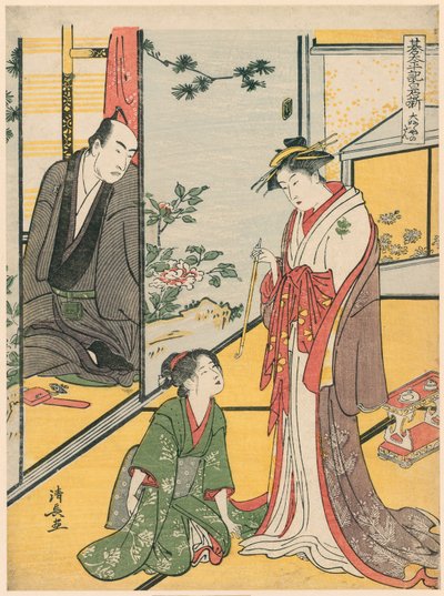 Scène bij de Daifukuya (Daifukuya no dan), uit de serie "Go Taiheiki Shiraishi Banashi" door Torii Kiyonaga