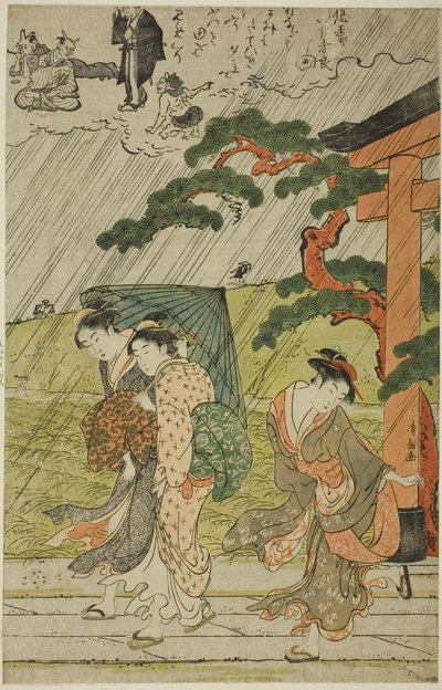 Plotselinge regenbui bij Mimeguri-schrijn door Torii Kiyonaga
