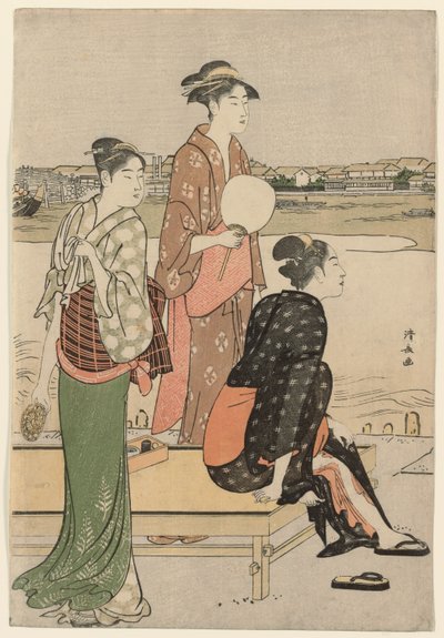 Zomerse Schemering aan de Oevers van de Sumida Rivier door Torii Kiyonaga