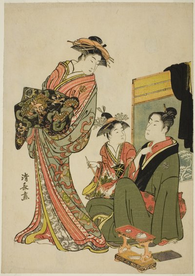 De acteur Nakamura Riko met een courtisane, uit een ongetitelde serie aiban-prenten die acteurs in hun privéleven afbeelden door Torii Kiyonaga