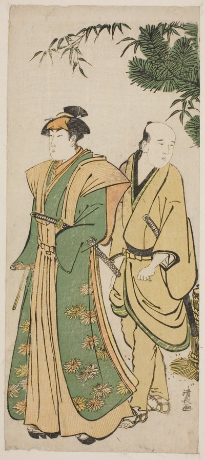 De acteur Segawa Kikunojo III en zijn begeleider maken cermonial rondes op Nieuwjaar door Torii Kiyonaga