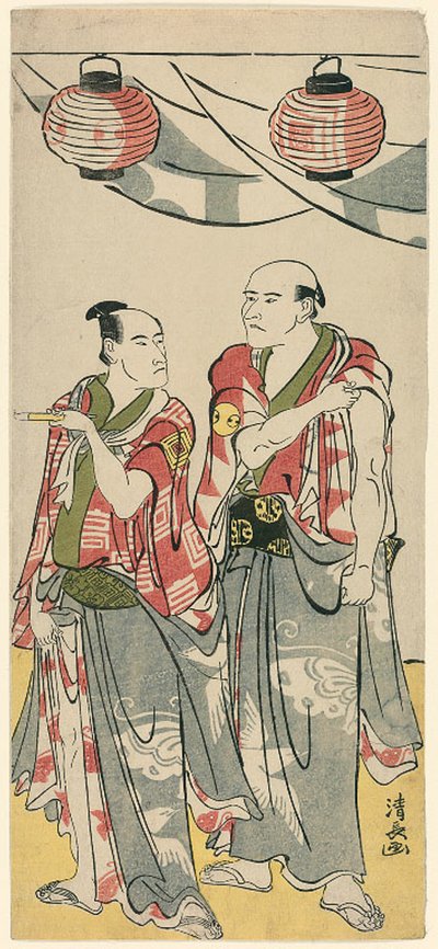 De Acteurs Arashi Ryuzo II en Ichikawa Komazo III, uit een pentaptych van elf acteurs die het festival van het heiligdom van de Soga-broers vieren door Torii Kiyonaga