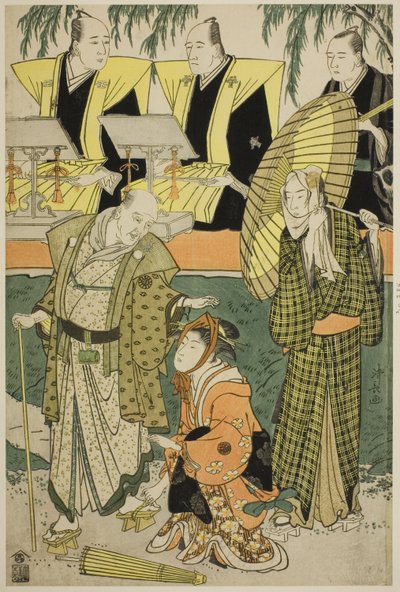 De acteurs Bando Matakuro IV als Chubei, Osagawa Tsuneyo II als Umegawa, en Nakamura Katsugoro als Magoemon, in het stuk "Keisei Koibikyaku," uitgevoerd in het Morita Theater in de vijfde maand, 1783 door Torii Kiyonaga