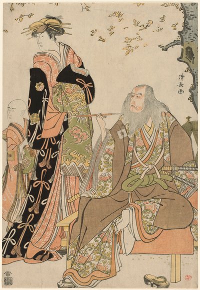 De acteurs Ichikawa Danjuro V als Hige no Ikyu, Nakamura Riko als Agemaki, en Ichikawa Ebizo als Agemaki
