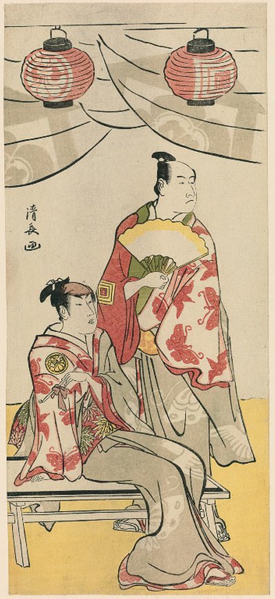 De Acteurs Ichikawa Monnosuke II en Segawa Kikunojo III, uit een pentaptych van elf acteurs die het festival van het heiligdom van de Soga-broers vieren door Torii Kiyonaga
