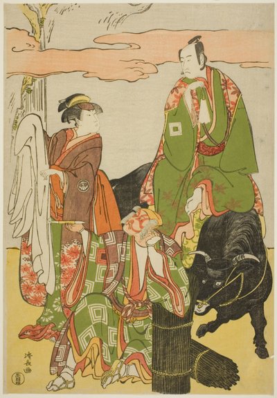 De Acteurs Ichikawa Monnosuke II als Miyukinosuke, Segawa Kikunojo III als Hatsune-hime, en Ichikawa Danjuro V als Ninnaji no Saibei, in de joruri "Shitenno Oe no Yamairi," uitgevoerd in het Kiri Theater in de elfde maand, 1785 door Torii Kiyonaga