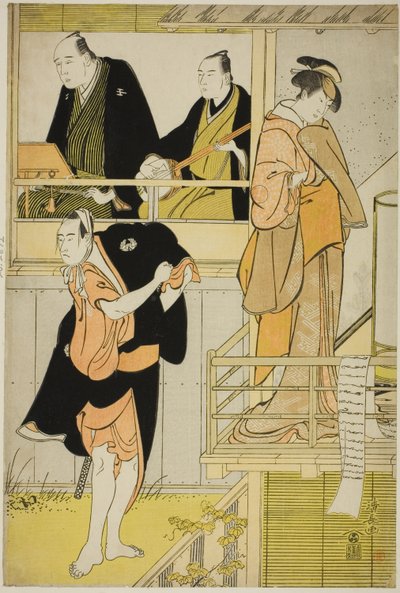 De acteurs Nakamura Riko I als Tanbaya Otsuma en Ichikawa Yaozo III als Furuteya Hachirobei, in de joruri "Sakamachi Yoi no Yotsutsuji," uitgevoerd in het Nakamura Theater in de derde maand, 1785 door Torii Kiyonaga