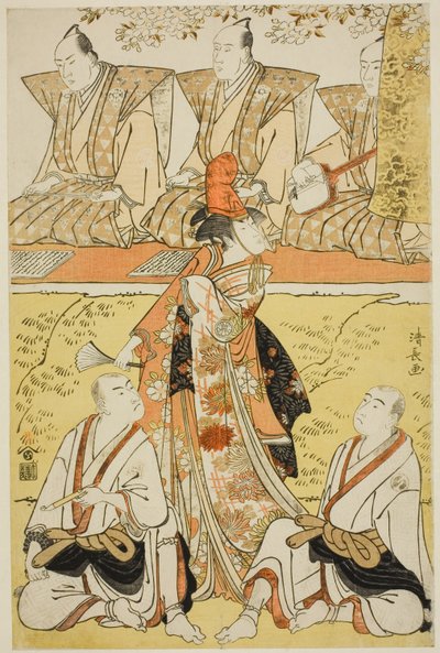 De acteurs Segawa Kikunojo III als Koito, Sawamura Sojuro III als de monnik Sainenbo, en Ichikawa Monnosuke II als de monnik Renseibo, in de shosa "Mata Saku Hana Museume Dojoji," uitgevoerd in het Nakamura Theater in de vierde maand, 1783 door Torii Kiyonaga