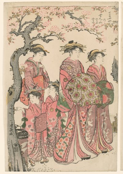 De Courtisanes Senzan, Yasono, en Yasoji van de Chojiya door Torii Kiyonaga