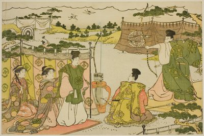 De Eerste Boogschietoefening van het Nieuwe Jaar (Yumi hajime), uit het geïllustreerde boek "Kleuren van de Drievoudige Dageraad (Saishiki mitsu no asa)" door Torii Kiyonaga