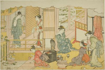 Het eerste bad van het nieuwe jaar (Yudono hajime), uit het geïllustreerde boek "Kleuren van de driedubbele dageraad (Saishiki mitsu no asa)" door Torii Kiyonaga
