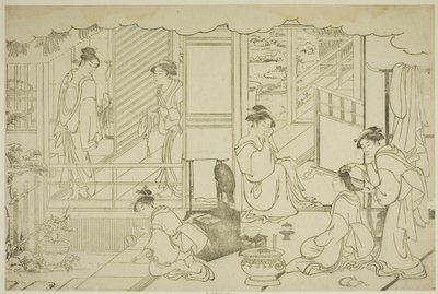 Het eerste bad van het nieuwe jaar (Yudono hajime), uit het geïllustreerde boek "Kleuren van de Drievoudige Dageraad (Saishiki mitsu no asa)" door Torii Kiyonaga