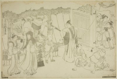De eerste dag van zaken (Akinai hajime), uit het geïllustreerde boek "Kleuren van de Drievoudige Dageraad (Saishiki mitsu no asa)" door Torii Kiyonaga