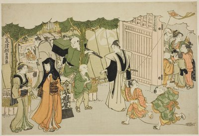 De Eerste Dag van Zaken (Akinai hajime), uit het geïllustreerde boek "Kleuren van de Drievoudige Dageraad (Saishiki mitsu no asa)" door Torii Kiyonaga