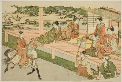 De Eerste Paardrijtocht van het Nieuwe Jaar (Uma norizome), uit het geïllustreerde boek "Kleuren van de Drievoudige Dageraad (Saishiki mitsu no asa)" door Torii Kiyonaga