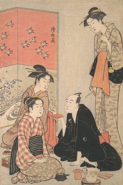 De Kabuki-acteur Sawamura Sojuro III en courtisanes door Torii Kiyonaga