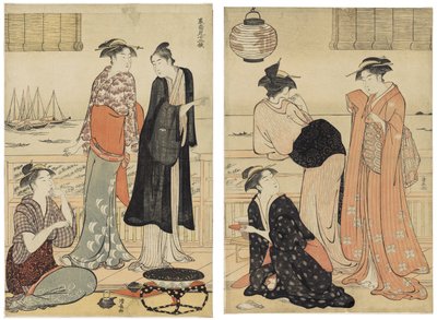 De zesde maand, genieten van de avondkoelte in een theehuis, uit de serie De twaalf maanden in het zuidelijke kwartier door Torii Kiyonaga
