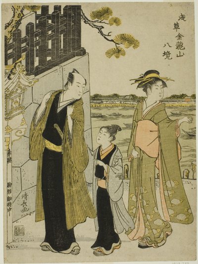 Het uitzicht vanaf Komagata Hall, uit de serie "Acht wijken van de Kinryuzan-tempel in Asakusa (Asakusa Kinruzan hakkei)" door Torii Kiyonaga
