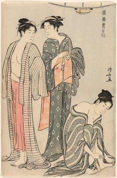 Drie vrouwen na een bad, uit de serie "Een brokaat van oosterse manieren (Fuzoku Azuma no nishiki)" door Torii Kiyonaga