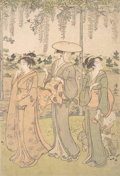 Drie Vrouwen en een Kleine Jongen onder een Wisteria Prieel aan de Oever van een Stroom, ca. 1790 door Torii Kiyonaga