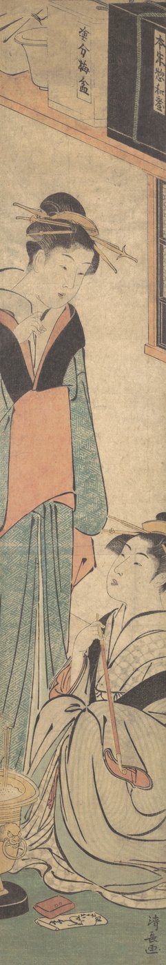 Twee Meisjes Praten Bij de Hibachi Vuurpot, ca. 1785 door Torii Kiyonaga
