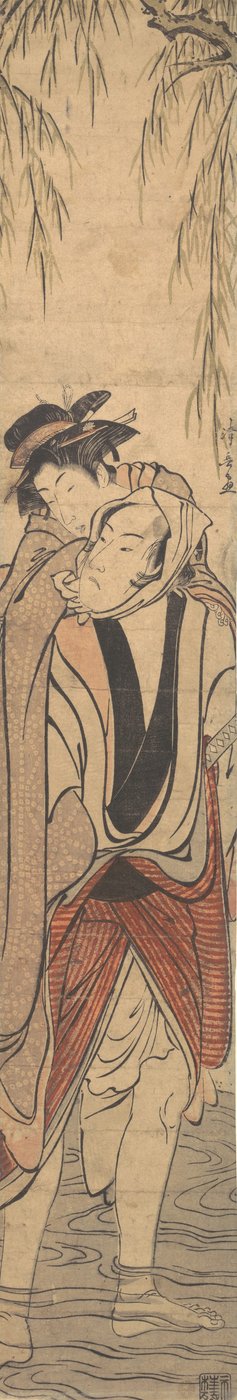 Twee geliefden die een rivier oversteken door Torii Kiyonaga
