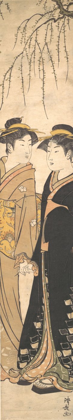 Twee lange jonge vrouwen hand in hand wandelend door Torii Kiyonaga
