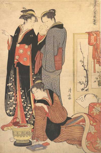 Twee Vrouwen Staand, Een Kind Vasthoudend, ca. 1785 door Torii Kiyonaga