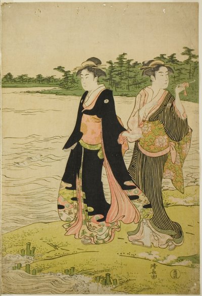 Twee vrouwen die wachten op een veerboot aan de Sumida-rivier door Torii Kiyonaga