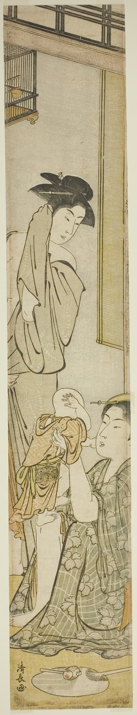 Twee vrouwen en een kind na een bad door Torii Kiyonaga