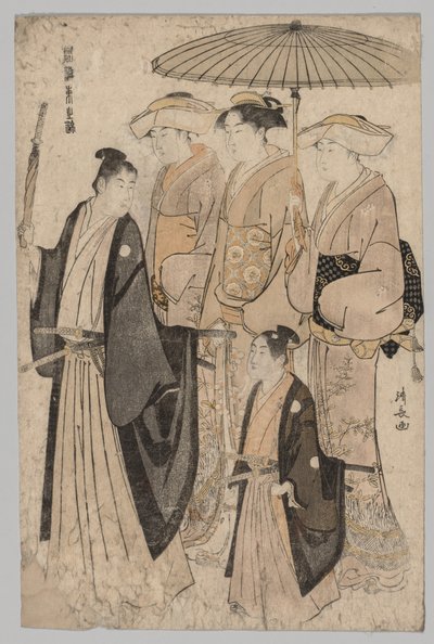 Vrouw van de Yoshiwara en bedienden door Torii Kiyonaga