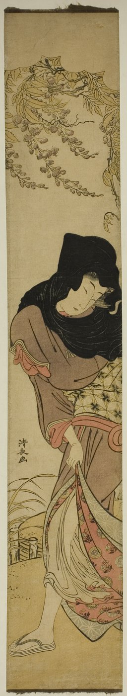 Vrouw onder Windgeblazen Wisteria door Torii Kiyonaga